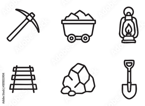 Set of six black line art icons representing mining and excavation, including a pickaxe, ore cart, lantern, railway track, rocks, and shovel