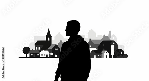 Black silhouette of a young man looking into the distance.