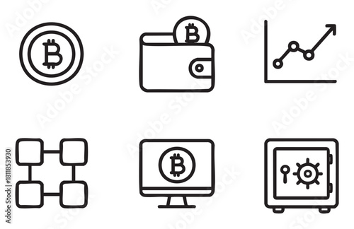 Minimalist icon set for digital currency and financial technology, featuring symbols for coins, wallets, blockchain, investment growth, online platforms, and secure storage