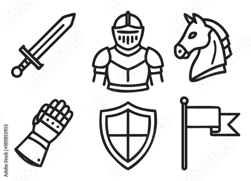 Collection of six minimalist black line art icons representing medieval chivalry, featuring a knight's armor, sword, shield, gauntlet, horse head, and banner