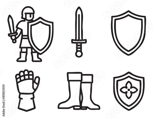 Collection of medieval knight icons in a simple line art style, featuring a warrior with a sword and shield, a gauntlet, boots, and various shields