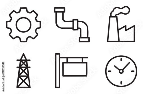 Set of black outline icons representing industry, manufacturing, and infrastructure concepts like a cogwheel, factory, power pylon, and clock