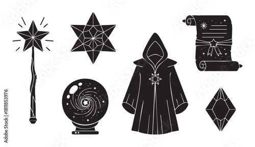Set of black and white graphic icons representing magic and fantasy, with a wizard's robe, crystal ball, star wand, ancient scroll, and gemstone