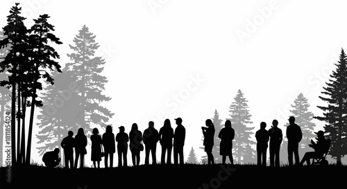 Group of people standing in a forest silhouette.
