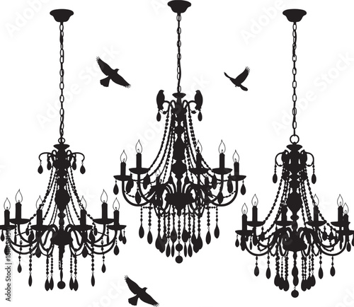 Three Ornate Chandeliers With Silhouetted Birds Flying Around Keywords: chandelier, ornate, crystal, light fixture, vintage, elegant, silhouette, bird