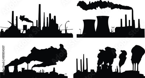 Industrial factory silhouette with chimneys, pollution smoke, cooling towers, manufacturing plant skyline, environment impact, cad drawing flat vector illustration