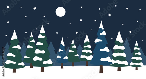 Winter night scene with snow-covered trees and a full moon shining in the dark sky.