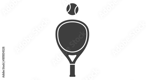 Illustration of a tennis racket with a ball above it, in black and white.