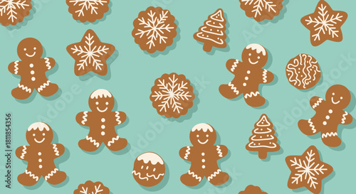 A festive and whimsical pattern of gingerbread cookies in various festive shapes like gingerbread men, stars, and Christmas trees, set against a teal background.