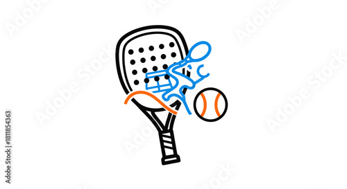 Stylized graphic logo for a racket sport club featuring a padel racket, ball, and player icon.