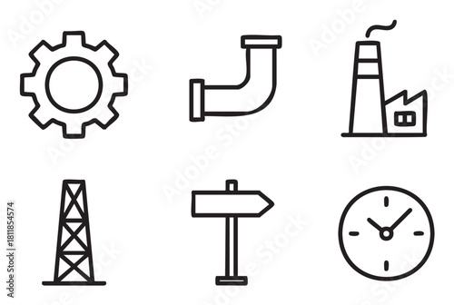 Collection of six minimalist black line icons representing industry, manufacturing, and infrastructure, including a gear, pipe, factory, pylon, signpost, and clock