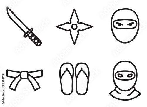 Collection of ninja and martial arts equipment icons, including a sword, shuriken, mask, belt, and sandals, illustrated in a clean black and white line art vector style