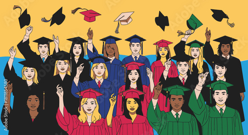 Illustration of a diverse group of happy graduates throwing their caps in the air to celebrate their commencement.