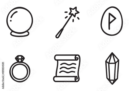 Set of minimalist black line art icons for magic and fantasy themes, featuring a crystal ball, wand, rune, ring, scroll, and gemstone