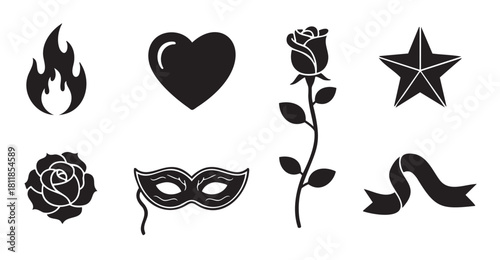 Collection of black silhouette icons representing passion and romance, including a flame, heart, rose, star, masquerade mask, and ribbon