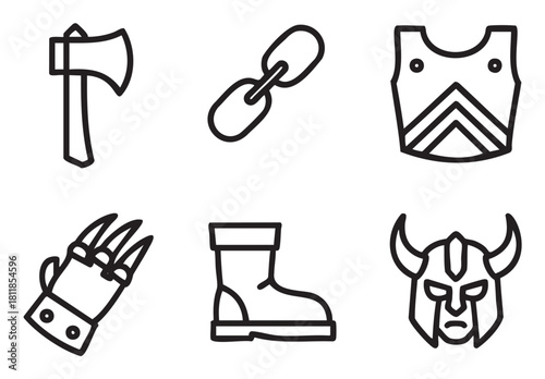 Set of six minimalist black line icons depicting medieval or fantasy warrior equipment, including an axe, helmet, armor, and gauntlet