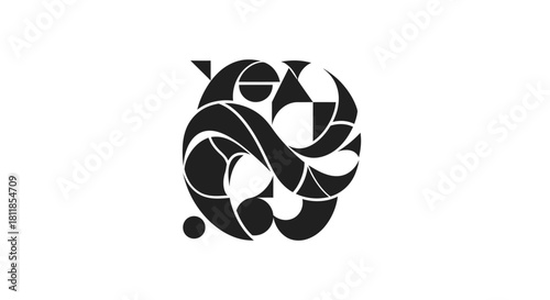 Abstract black and white graphic design with intricate geometric and flowing shapes.