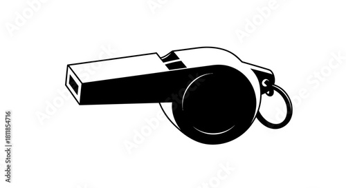 A black and white illustration of a classic sports whistle with a keyring.