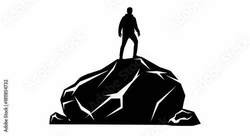 Silhouette of a person standing atop a large rock, triumphant and strong.
