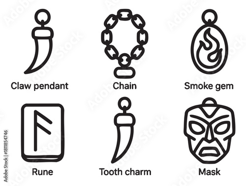Minimalist icon set of six fantasy and tribal artifacts, including a claw pendant, chain, smoke gem, rune, tooth charm, and mask, rendered in a clean black line art style