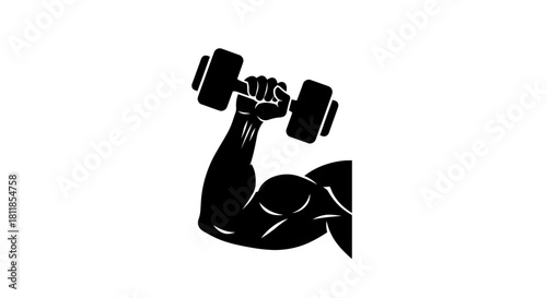 Black and white illustration of a muscular arm holding a dumbbell, representing fitness.