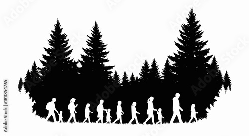 Silhouettes of people walking in a line with a forest of pine trees in the background.