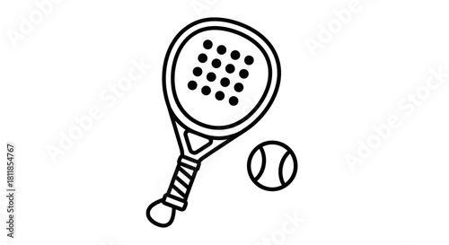 A simple black and white line drawing of a padel racket and ball.