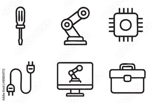 Minimalist icon set illustrating industrial automation and technology themes with symbols for a robot arm, CPU, repair tool, power cable, monitor, and briefcase in a clean line art style