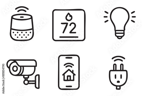 Hand-drawn set of smart home technology icons featuring a speaker, thermostat, lightbulb, camera, mobile app, and plug, illustrating home automation and IoT concepts