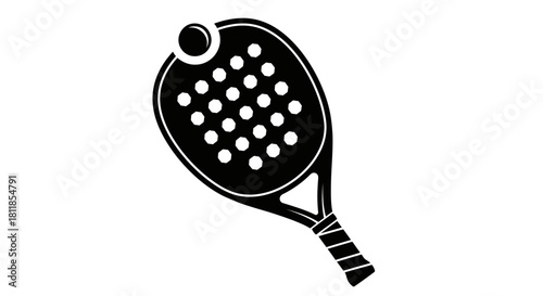 Black and white illustration of a paddle tennis racket and ball, isolated on white.
