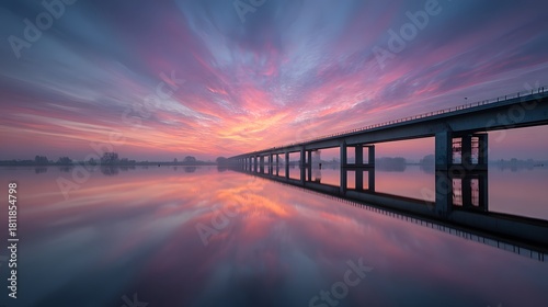 Wallpaper Mural Modern concrete bridge spans across calm, reflective water during a pastel-colored dawn. The sky is filled with soft, streaking clouds now. Torontodigital.ca