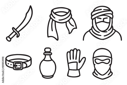 Collection of minimalist line art icons representing gear for a fantasy adventurer or warrior, including a scimitar, headwear, belt, potion flask, and gauntlet