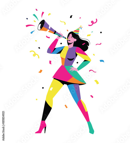 Celebrate success with a vibrant woman blowing horn amidst confetti, perfect for new year, birthday, or any joyous event, radiating pure happiness