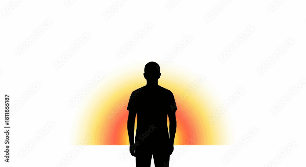Fototapeta premium Silhouette of a man standing against a bright orange and yellow background.
