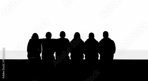 Silhouette of six friends standing together in unity and friendship.