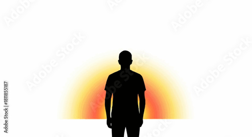 Silhouette of a man standing against a bright orange and yellow background.