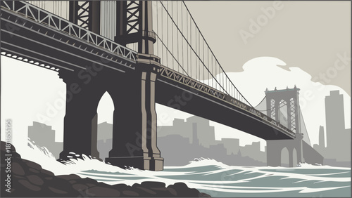 Detailed vector of brooklyn bridge and city skyline suitable for posters, websites, and editorial designs capturing iconic new york city scene.