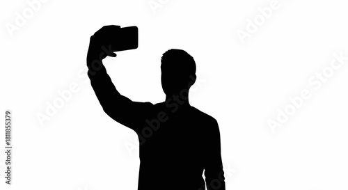 Silhouette of a person taking a selfie with a smartphone against a white background.