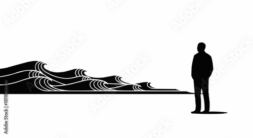 Silhouette of a man standing before abstract stylized ocean waves.