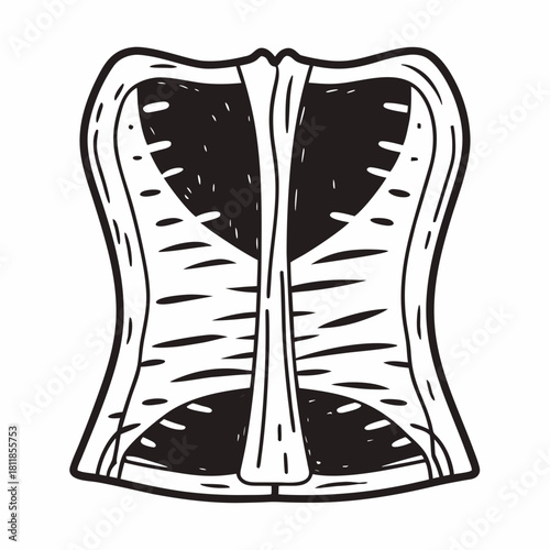Black and white line art illustration of a vintage-style corset with visible boning, isolated on a white background.