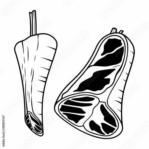 A detailed black and white line art illustration of a T-bone steak and a rack of meat.
