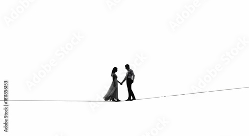 Couple holding hands against a stark white background.