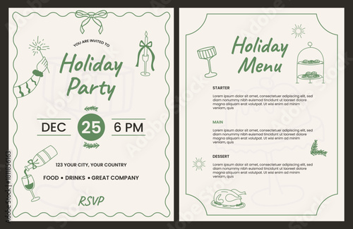 Hand-drawn Holiday party invitation and menu template set. Christmas card design with festive decorations in flat style.