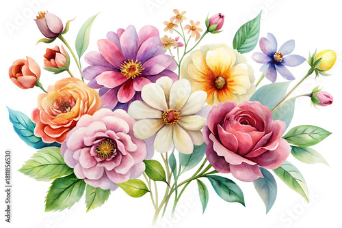 Lush watercolor bouquet featuring pink rose, purple aster, white daisy, and orange bloom with abundant green leaf accent, isolated on transparent background