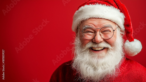 
Cheerful Santa Claus winking, close-up shot, bright red festive background, with copy space.