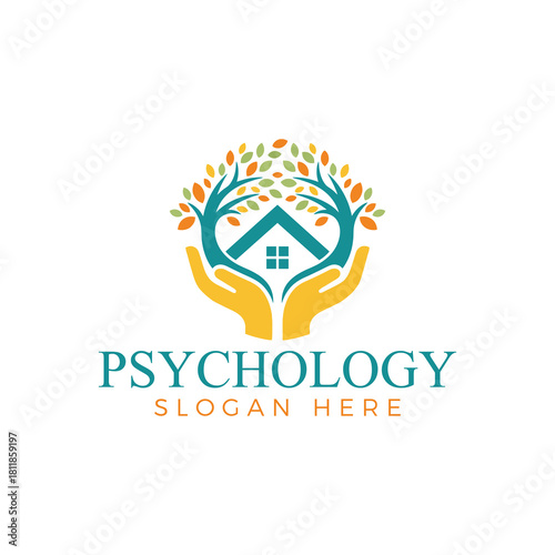 Hands holding a house with tree branches logo for home therapy or family psychology service concept isolated on white background