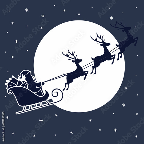 Santa Claus flying in his sleigh across a spooky moonlit night sky