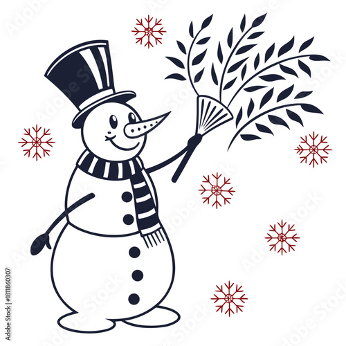 Snowman with Christmas tree and gift in winter holiday cartoon style