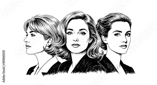 Elegant Women Leaders Depicted in Detailed Pen and Ink Drawing, Illustrating Professionalism and Empowerment in Business and Corporate Settings, Perfect for Marketing, Presentations, and Inspirational