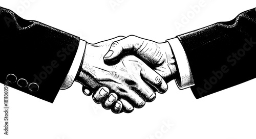 Business Handshake Agreement Illustration, Negotiations Concluding Deal with Professional Partners, Success in Corporate Finance, Teamwork in Workplace Environment, Modern Black and White Graphic, Ach